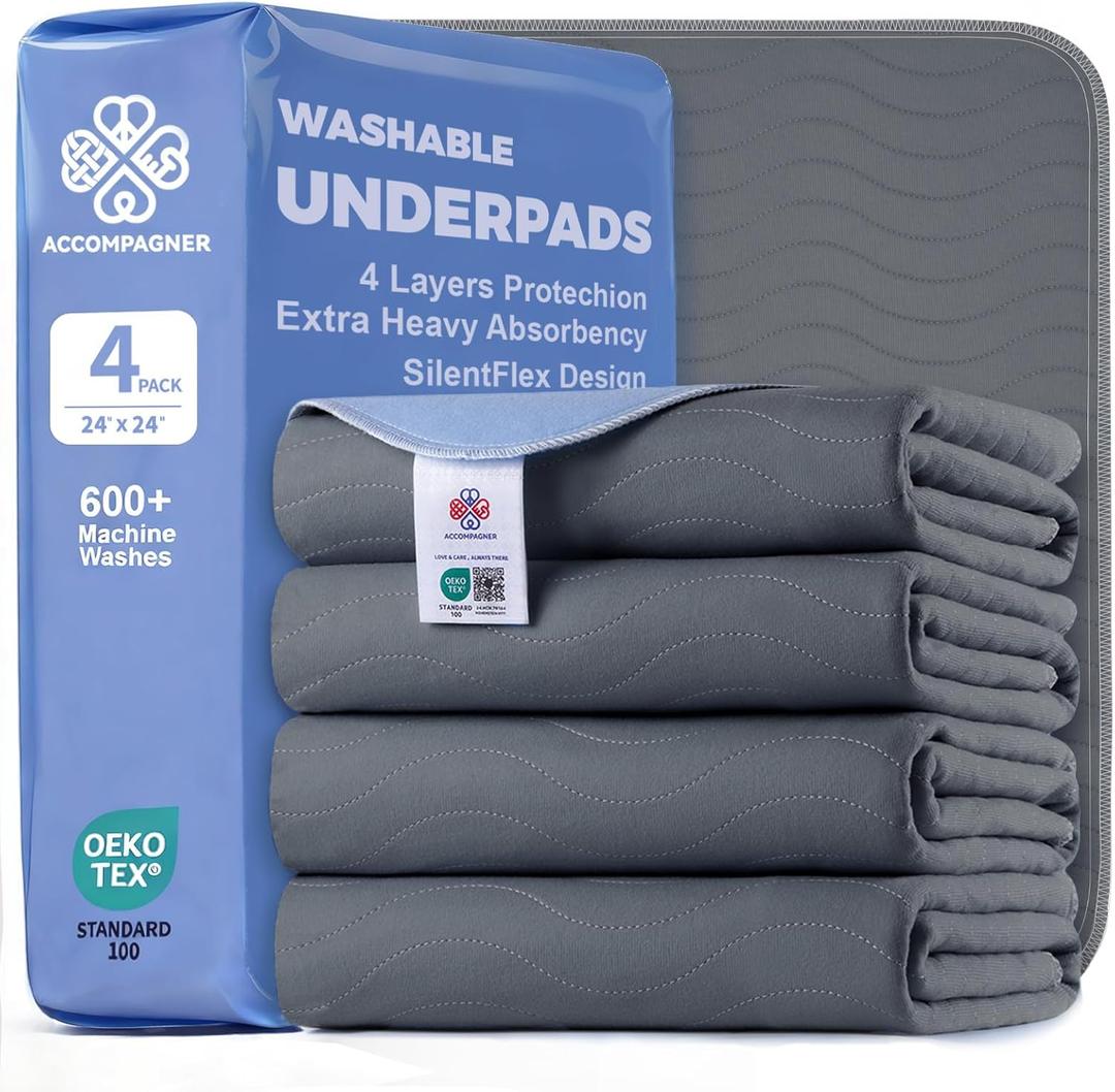 Accompagner Incontinence Bed Pads Washable Waterproof, Ultra-Absorbent Reusable Underpads for Diaper Changing, Nursing, Bedridden, Adults, Seniors, Kids and Dogs (Dark Gray, 24"x24"(Pack of 4))