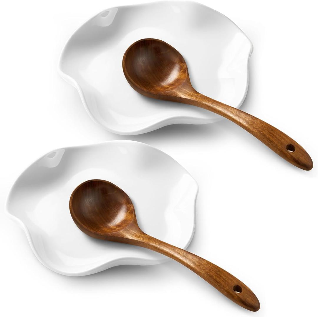 Spoon Rest for Stove Top, Ceramic Spoon Holder for Counter, Modern Farmhouse Decor Accessories for Spatula, Spoons or Tongs (Flower Shape, E-2 Pack)