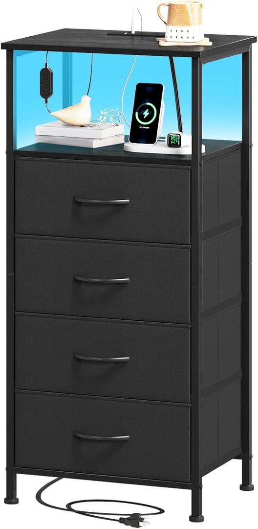 Somdot Black Nightstand with Charging Station and LED Light for Bedroom, Tall 4 Drawers Dresser with Fabric Bins for Bedside Kids Dorm Room Closet Laundry Entryway, Black
