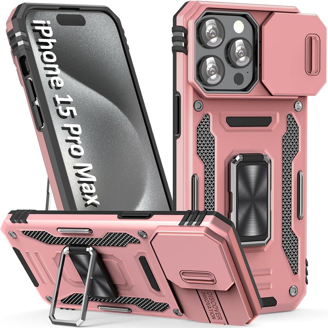 Phone Case for iPhone 15 Pro Max Case iPhone 15 Pro Max Phone Case with Camera Cover, with Ring Holder Kickstand, with Magnetic Car Mount Function, for iPhone 15 Pro Max (Rose Gold)