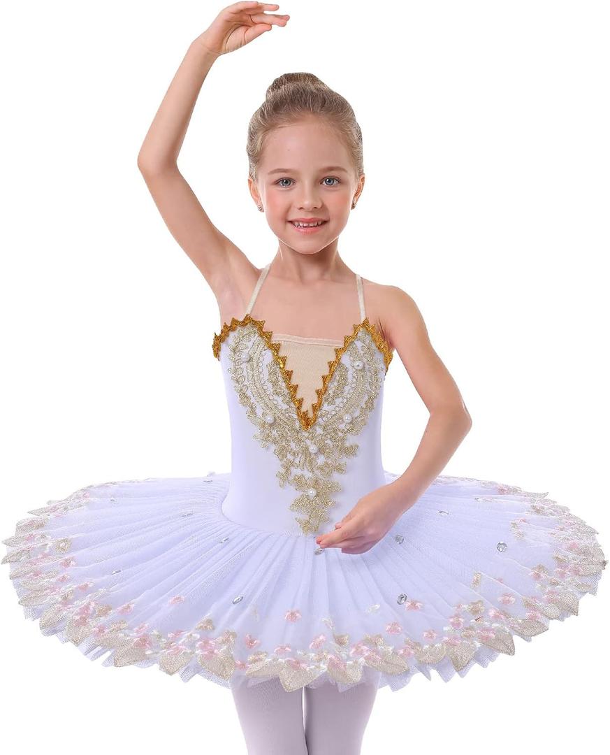 AFAVOM Ballet Leotards for Girls with Platter Tutu Professional Hard Organdy Camisole Skirt Swan Lake Feather Hem Dancewear (11-12 Years, White)