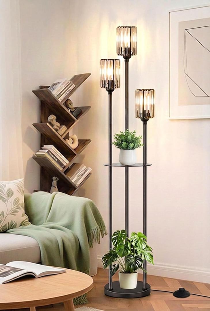 Crystal Floor Lamps for Living Room, Glass Modern Floor Lamp with Shelves, Mid Century Standing Lamps with Table, Brass Tall Lamp with Crystal Shade Vintage Retro Corner Floor Lamp (Black)