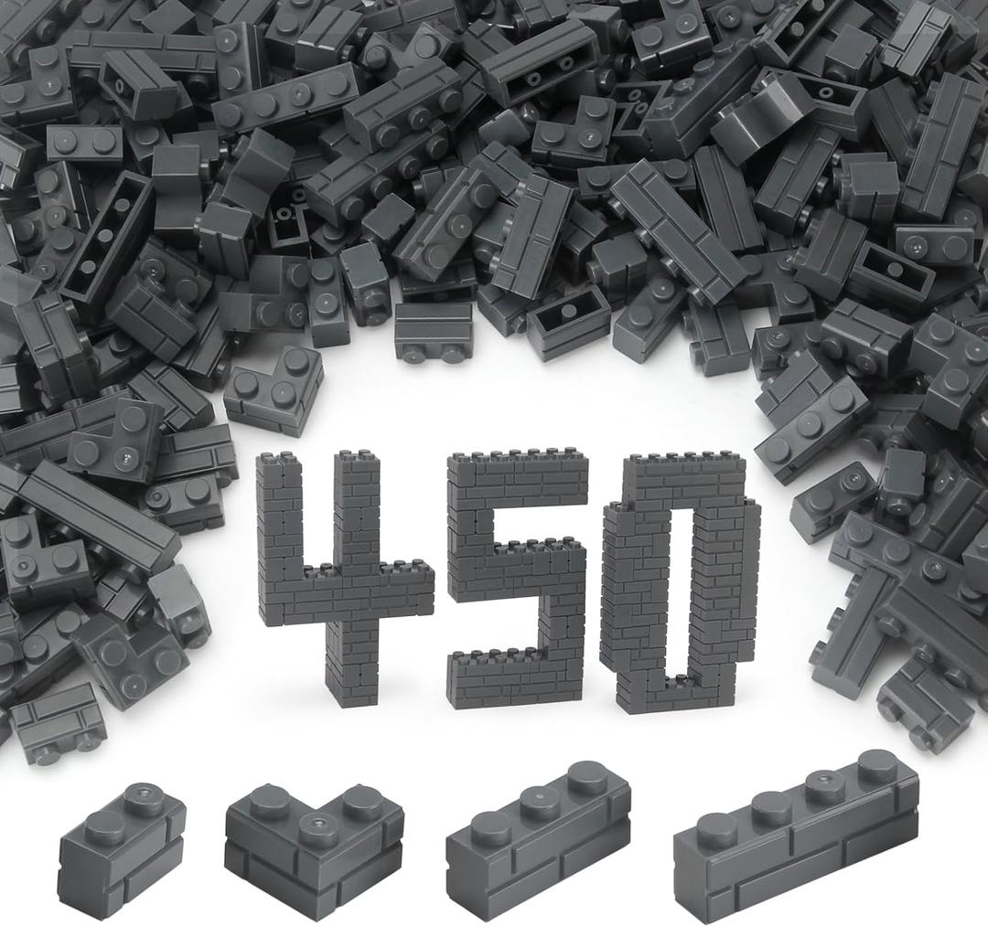 Feleph Masonry Bricks Set 450 Pcs Wall Building Accessories Diverse Creative Construction Bulk Parts and Pieces Blocks Toy Compatible with Classic Major Brands (Dark Gray)