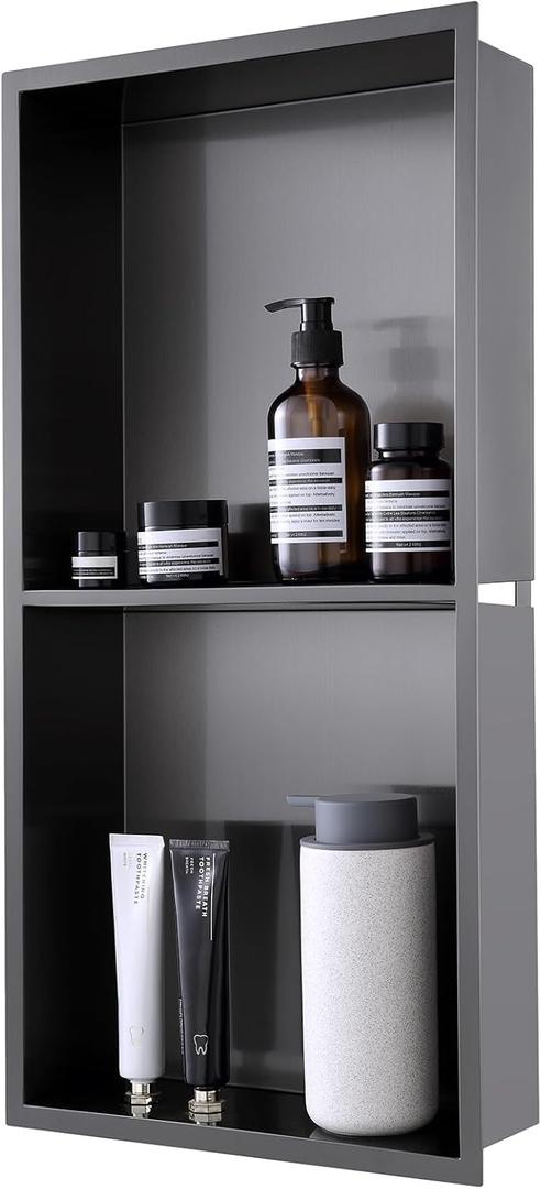 MENATT 24"x 12" Shower Niche for Wall - Stainless Steel Recessed Niche with Double Shelves No Tile Needed Waterproof Shower Storage (Black)
