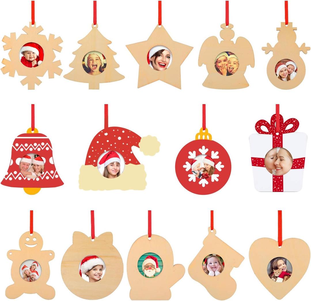 Jetec 14 Pieces Christmas Picture Frame Ornaments Unfinished Wood Ornaments to Paint Christmas Hanging Decor for Holiday Picture Frame DIY Presents and Xmas Tree Decoration, (Wood Color)