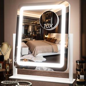 15" x13" Vanity Mirror with Lights, LED Makeup Mirror with Lights,10X Magnification Vanity Mirror with 360Rotation, 3 Color Modes Dimmable Lighted Mirror Makeup for Desk, Travel, White