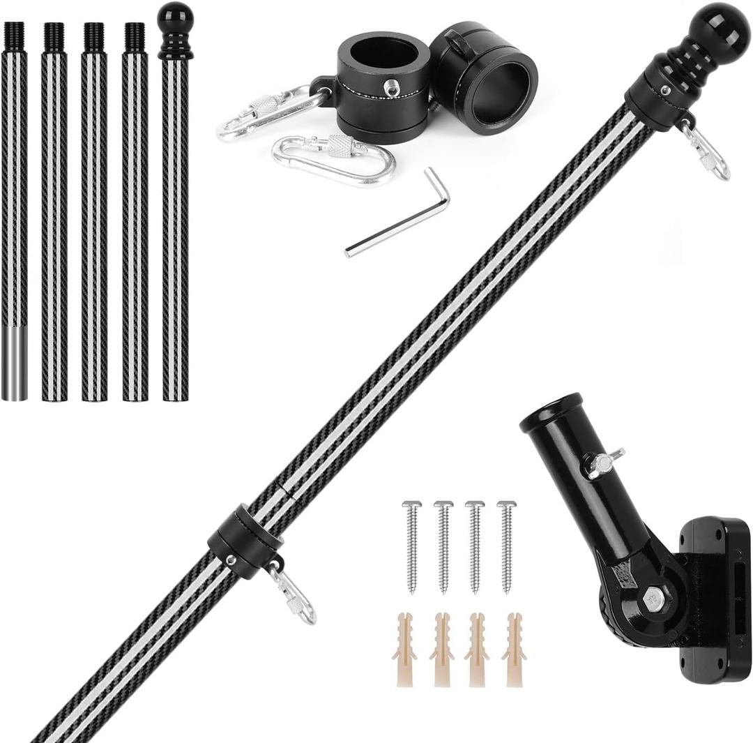6FT Carbon Fiber Flag Pole, Flagpole for Outside House, Porch Flagpoles, Tangle Free Black Flag Pole Kit, Wind-Resistant, Bend-Resistant, Rust-Free (Includes Bracket, 3K Carbon Fiber)