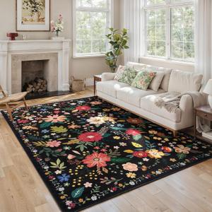 6x9 Black Area Rugs for Living Room, Floral Vintage Washable Rug Boho Non Slip Large Rugs, Low Pile Carpet Spring Decor for Bedroom Dining Room Kids Playroom Dorm