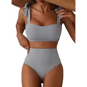 Herseas Women's Black Striped 2 Piece Bikini Sets Adjustable Tie Shoulder Push Up Swim Suits 2026 Summer High Waisted Ladies Bathing Suit Casual Resort Outfits Medium