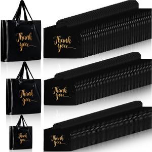 Teling 200 Pcs Thanks Bags with Handle Bulk Thank You Merchandise Bags 3 Size Plastic Packet Retail Shopping Package for Boutique 9 x 12'', 12 x 15'', 15 x 18''(Black), 200 count
