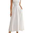 KUTUMAI Floral Corset Midi Dresses for Women 2026 Lace Up Flowy Summer Wedding Guest Dress with Pockets White L