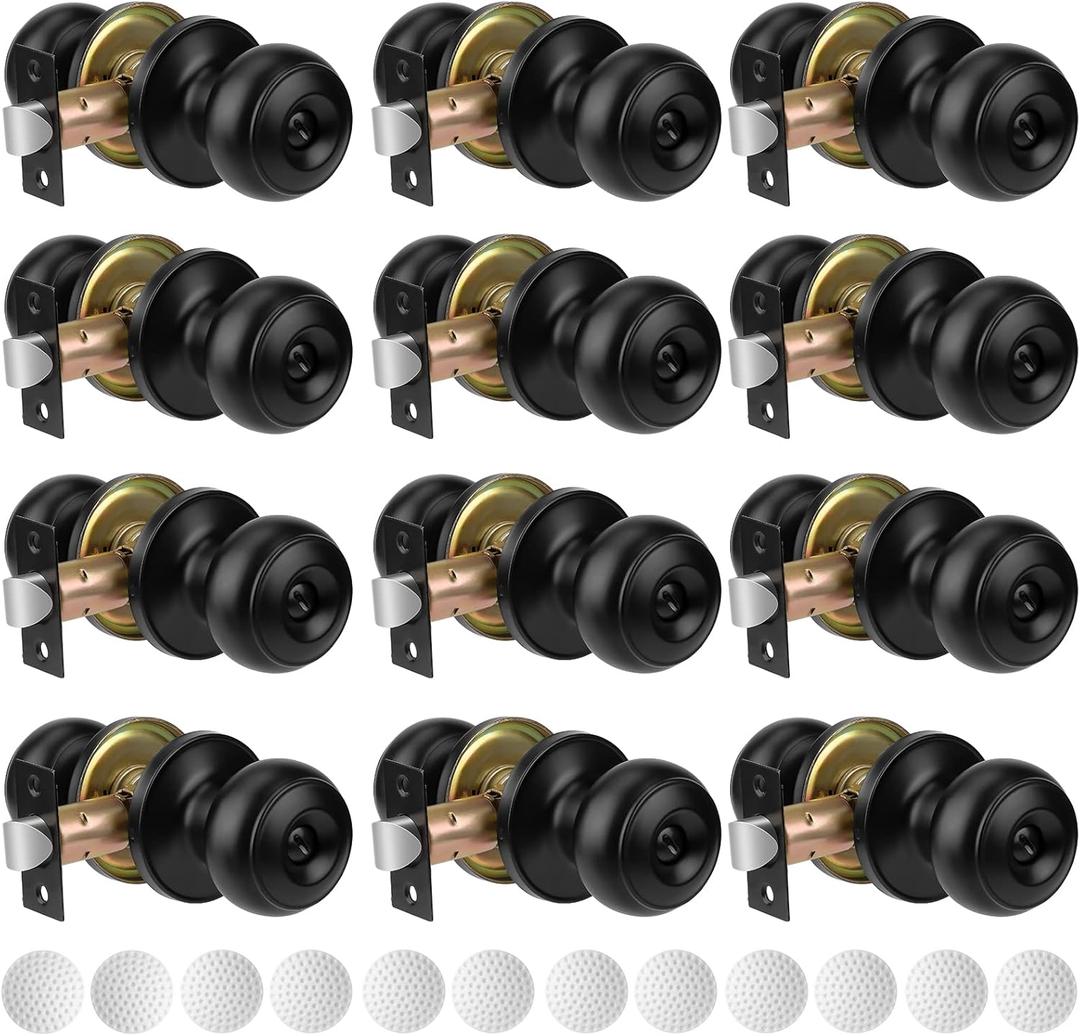 12 Pack Matte Black Privacy Door Knobs Keyless Interior/Exterior Doorknobs Lockset with Hardware Instruction and Wall Protector for Bedroom Bathroom