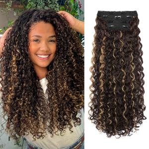 LONAI 4PC Clip in Hair Extensions, 100 Pure Protein Silk Curly Hair Extension for Women, 26 Inch Long Soft Natural Hair Extensions-Brown with Deep Blonde Highlights