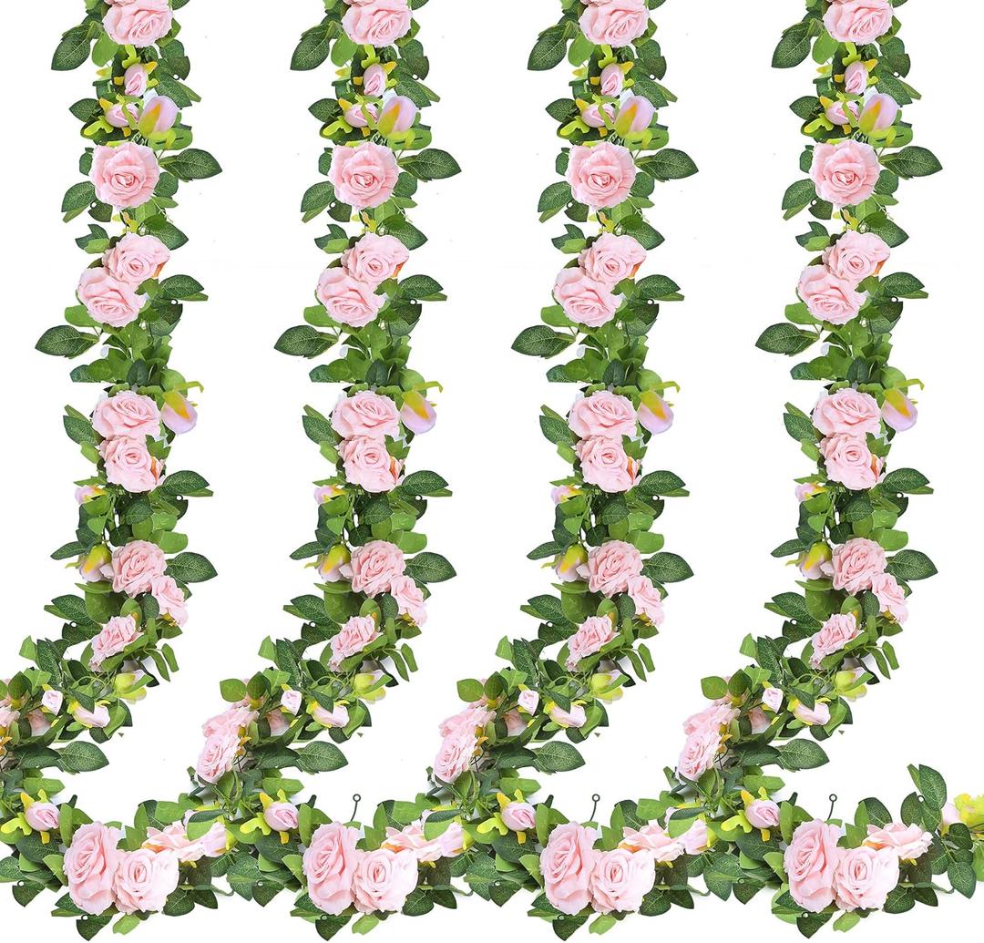 Sggvecsy 4Pcs 31Ft Artificial Rose Vine Fake Flower Garland Floral Garland Faux Silk Hanging Vine Rose Ivy Vines for Wedding Arch Party Wall Garden Ceremony Background Outdoor Decor (Pink)