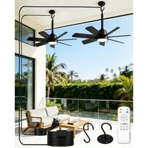 NWOP 28'' Outdoor Ceiling Fans with Lights and Remote, LED Gazebo Hanging Fan with Hook, 3CCT 3000K-6500K Dimmable Gazebo Fan, 6-Speed Quiet Ceiling Fan with Timer for Patio, Porch, Pergola, 2-Black