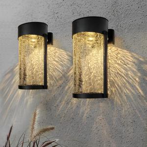 2PK Solar Outdoor Wall Lights with Crackle Glass Shade, Porch Fence Exterior Light Fixture Solar Powered Wall Scones