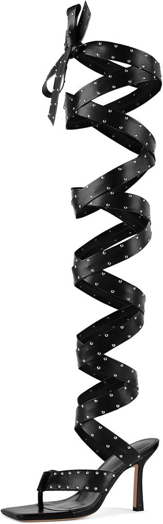 sexytag Women's Sexy Thigh High Studded Wrap Straps Heels Gladiator Lace-Up Stiletto High Heels Strappy Square Toe Thong Sandals for Clubwear Party Fashion Night Out Black Size 12