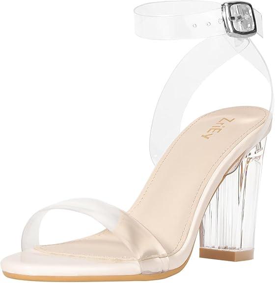 ZriEy Clear Block Sandals Chunky Heels for Women 3.35 Inch Open Toe Adjustable Ankle Strap Pump Sandals for Weddings Parties Daily Wear, 8