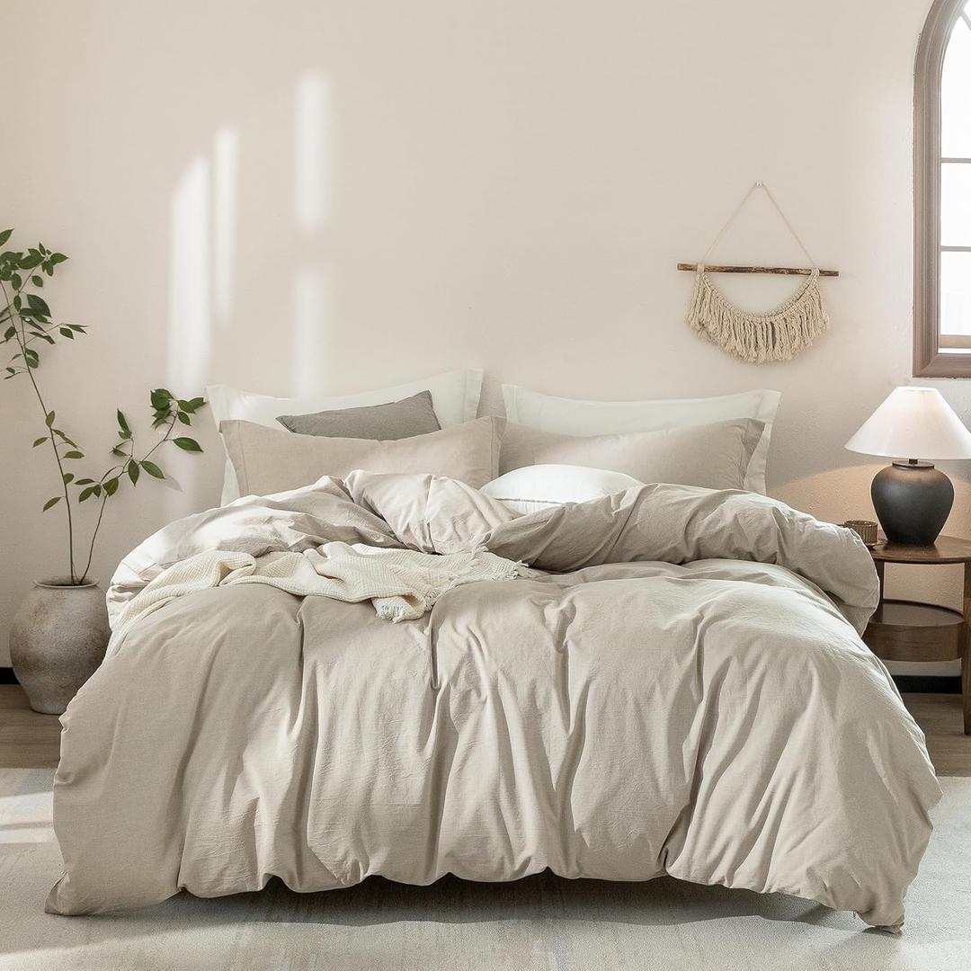 Linen Grey Duvet Cover Super King Size 108inch x 98inch,100% Washed Cotton Duvet Cover with Zipper Closure and 2 Pillowcases, Color of New Nature Linen