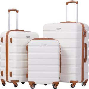 Coolife Luggage 3 Piece Set Suitcase Spinner Hardshell Lightweight TSA Lock (Apricot White, 3 Piece Set,(20in/24in/28in)