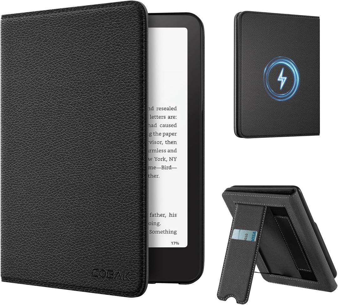 CoBak Wireless Charge Stand Case for 7" Kindle Paperwhite 12th Gen 2024 and Kindle Colorsoft with Hand Strap - Compatible with iPhone MagSafe, for Samsung/Anker Wireless Charging Pads, Auto Sleep Wake