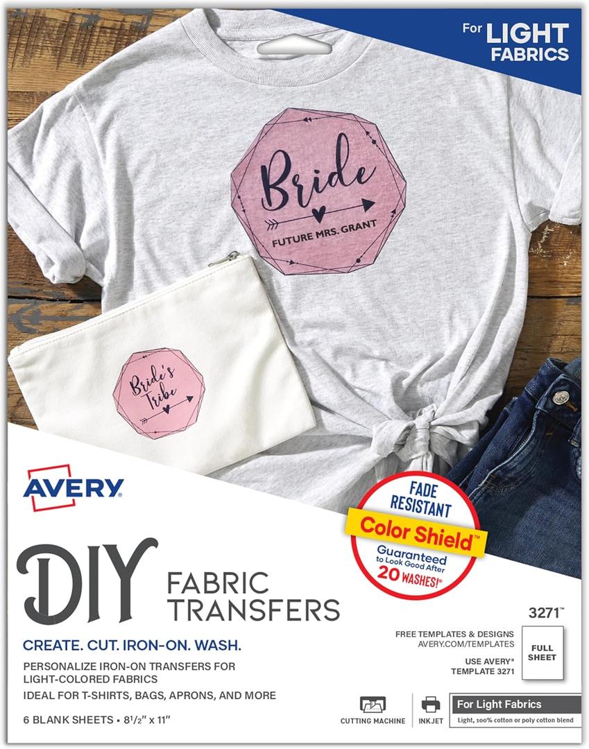 Avery Printable Heat Transfer Paper for Light Fabrics, 8.5" x 11", Inkjet Printer Compatible, 6 Sheets of Iron On Transfer Paper, Great for Custom Shirts, Uniforms, Gifts, and More (3271)