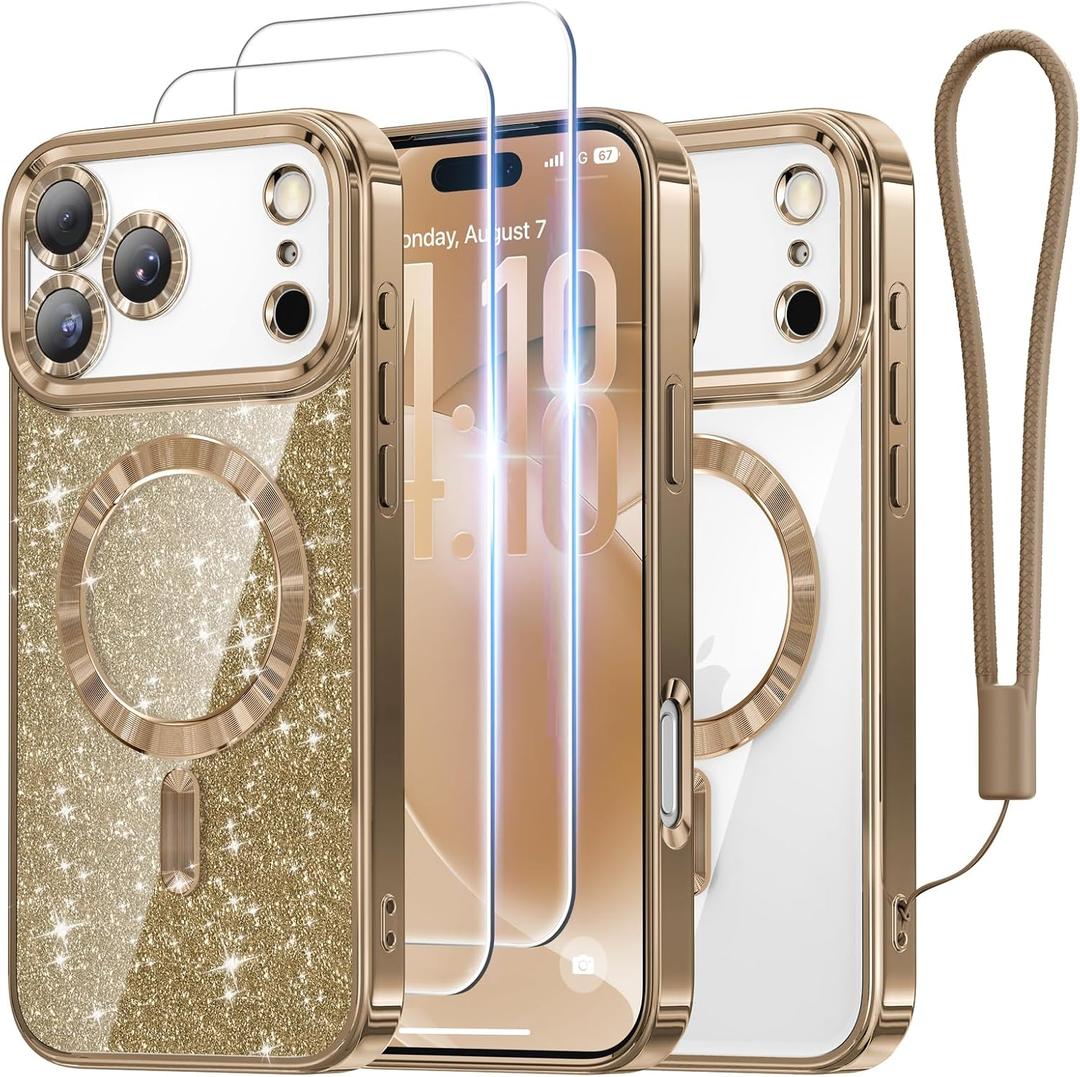 Meifigno Designed for iPhone 17 Pro Case 6.3", [Glitter Card & Wrist Strap] [Compatible with MagSafe] [2X HD Screen Protectors] Surround Raised Lens Protection for 17 Pro Case Women, Desert Titanium