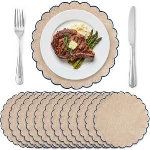 Set of 12 Blue Beige Cotton Placemats 15 Inch Round Scalloped Embroidery Placemats Washable Double Layered Rustic Table Mat Fabric Napkins for Wedding Table Decor