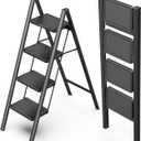 WOA WOA 4 Step Ladder, Folding Step Stool with Non-Slip Pedals, Portable Stepping Stool Household, Sturdy Steel Ladder, Space Saving for Kitchen, Anti Skid Feet, Support 330lbs - Black