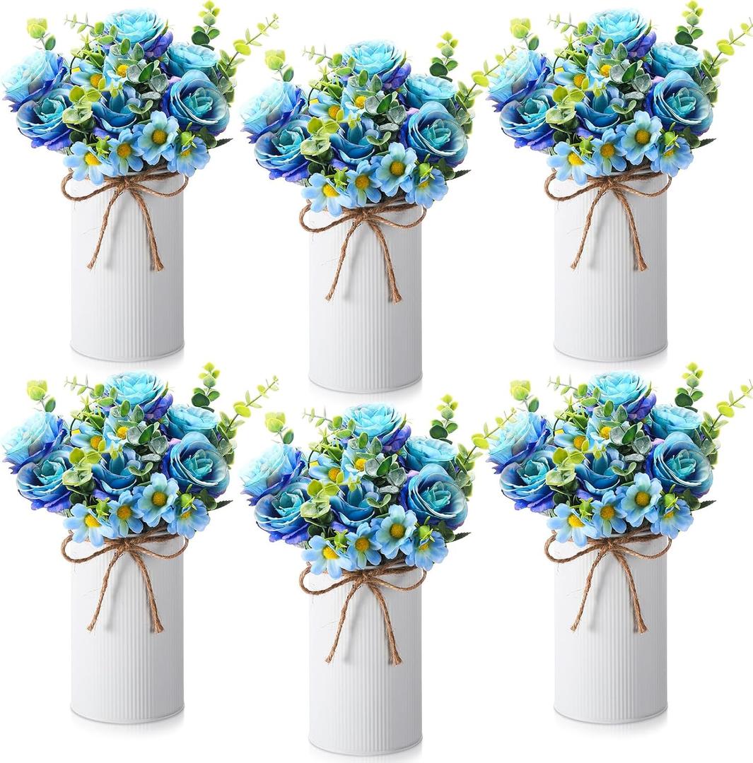 Domensi 6 Sets Wedding Centerpiece for Table Decoration Blue Artificial Fake Rose Flower with Metal Vase Faux Silk Rose Bouquet Floral Arrangement for Bridal Shower Home Dining
