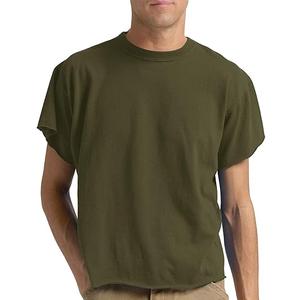Peacameo Men's Short Sleeve Round Neck T Shirts Boxy Cropped Raw Cut Tee Casual Basic Tops (Olive Green,Small)