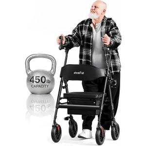 Upright Walkers for Seniors, 450 lb Heavy Duty Stand Up Rollator Walker with Adjustable Soft Sponge Armsupport & Seat, Tall Standing Folding Rolling Walker with 8'' Wheel, Black