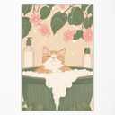 Rustic Japanese Canvas Wall Art, Japan Cat Bathroom Aesthetic Poster, Tabby Cat In Bathtub Print, Neutral Pink Flowers and Green Leaves Picture, Restroom Cute Animal Painting 12x16in Unframed