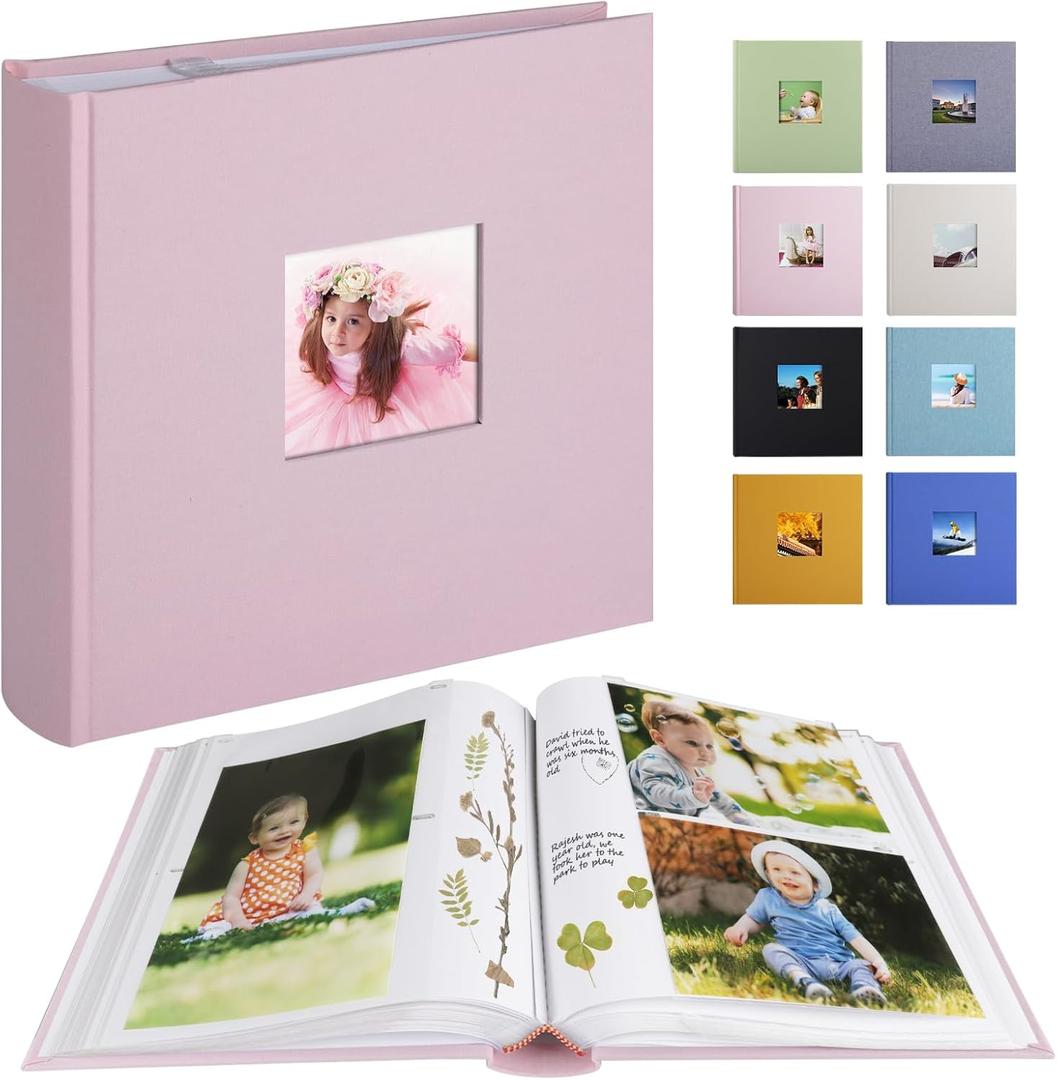 Photo Album with Writing Space 50 Pages 4x6 Photos Hold 200 or 5x7 Pictures Hold 100, Linen Cover Small Photo Book Albums with Memo for Anniversary Wedding Baby (Pink)