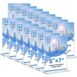 Acrylic Sign Holder, 5x7, 15 Pack Vertical Clear Table Menu Display, Double Sided, Plastic Stand, Suitable for Restaurants, Office, Store, Fair