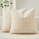 MIULEE Decorative Chenille Check Throw Pillow Covers Vintage Plaid Couch Pillows 18x18 Inch Set of 2 Neutral Boho Farmhouse Cushion Covers Modern Spring Home Decor for Sofa Bed Living Room, Beige