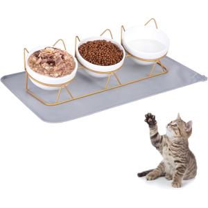 Trosetry Cat Bowls Set of 3, Ceramic Raised Cat Food Bowl with Pet Food Mat Elevated 15Tilted Kitten Drink Bowl Gold Stand for Food and Water Anti Vomiting Dish for Indoor Cats Puppy and Small Dogs