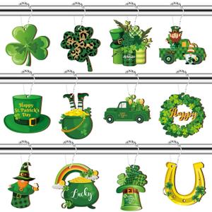 Barydat Set of 24 St. Patrick's Day Wood Shower Curtain Hooks Irish Shower Curtain Rings Decorative Clover Green Hat Rust Resistant Hooks for Bathroom Bedroom Decorations Accessories