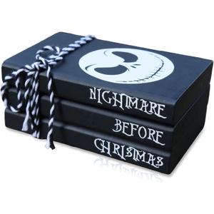 Mini Black Halloween Tiered Tray Decor Wood Decorative Book Stack, Rustic Farmhouse Faux Books Bundle for Home Table Mantle Shelf Decoration Nightmare Before Christmas Sign