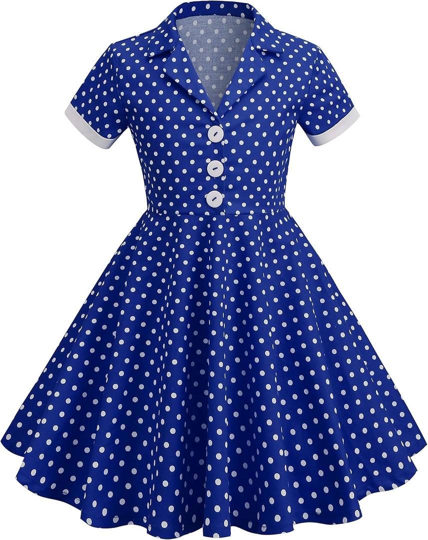 Kids Notch Lapel 50s Dress for Girls Vintage Retro 1950s Polka Dot Dress for Girls 50's Audrey Hepburn Rockabilly Swing Dress