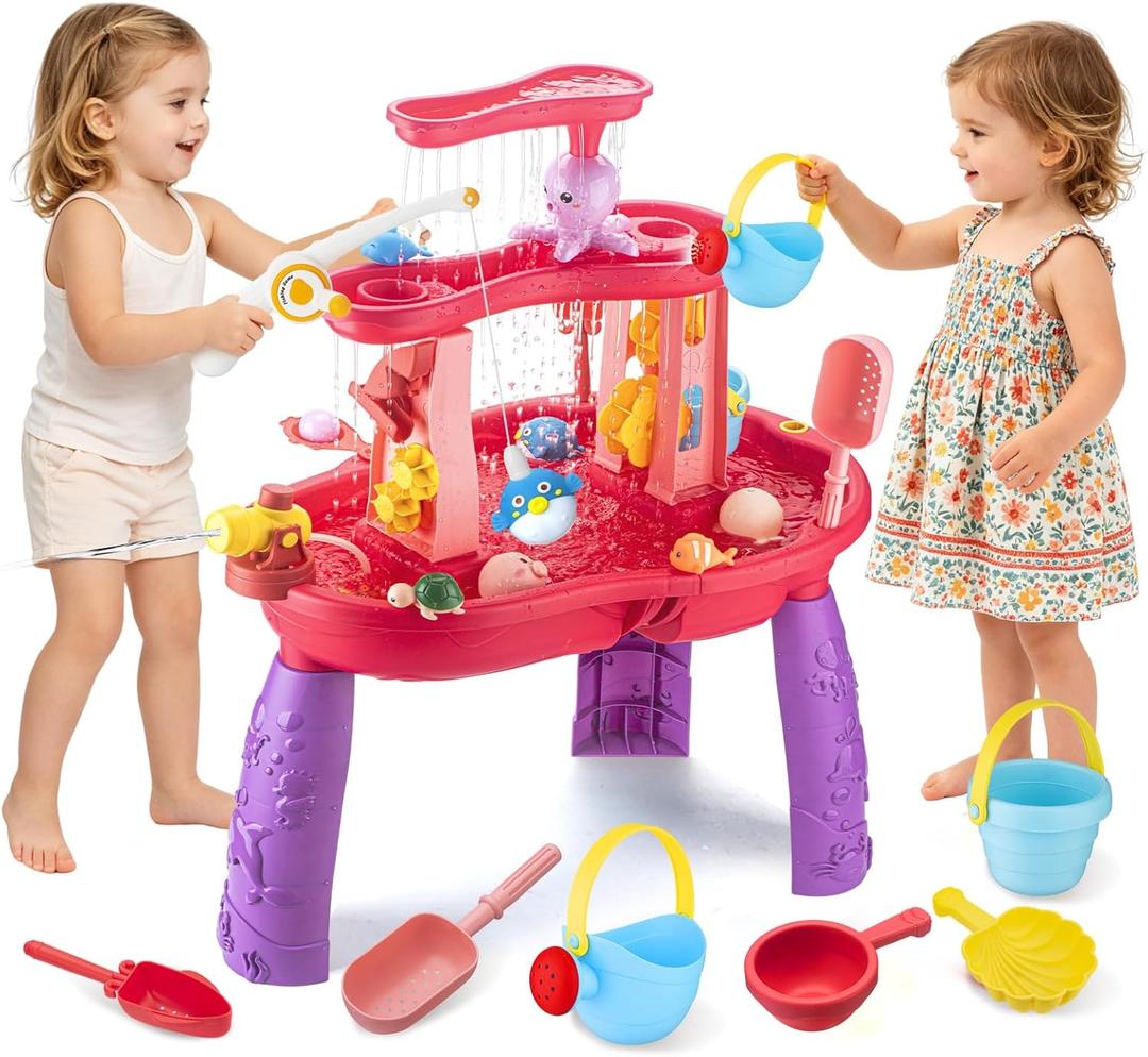 VROGTIK Water Table for Toddlers 3-5, Kids Sand Water Table with Fishing Game Set, Sensory Play Table Toys for Outdoor Pool Beach Backyard Summer Birthday Gift for Girls Outside Toys for Toddler