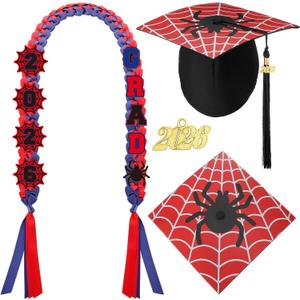 Dunzoom 11 Pcs Spider Graduation Ribbon Lei with Cap Class of 2026 Spider Graduation Lei Red Printed Grad Hat for 2026 High School College Graduate Gifts Grad Celebration Party Supplies