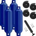 Boat Fenders 4 Pack, Ribbed Twin Eyes Boat Fenders Bumpers for Docking, Inflatable Marine Boat Bumper with 4 Ropes, 4 Needles and 1 Pump (blue)