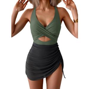 B2prity Women Mesh One Piece Swimdress Swimsuit Tummy Control V Neck Cutout Bathing Suit Wrap Drawstring Sarong Swimwear (Medium, Army Green,Black)