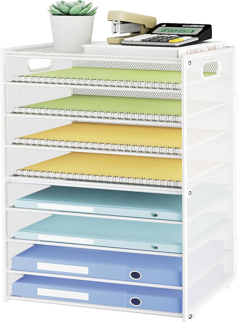 SUBEKYU 9 Tier Paper Letter Tray Desk Organizer with Handles - White Metal Mesh File Holder Paper Sorter Desk Organizer for Office Home School, Include 6 Pcs Adjustable Slid Tray, 6 Colors