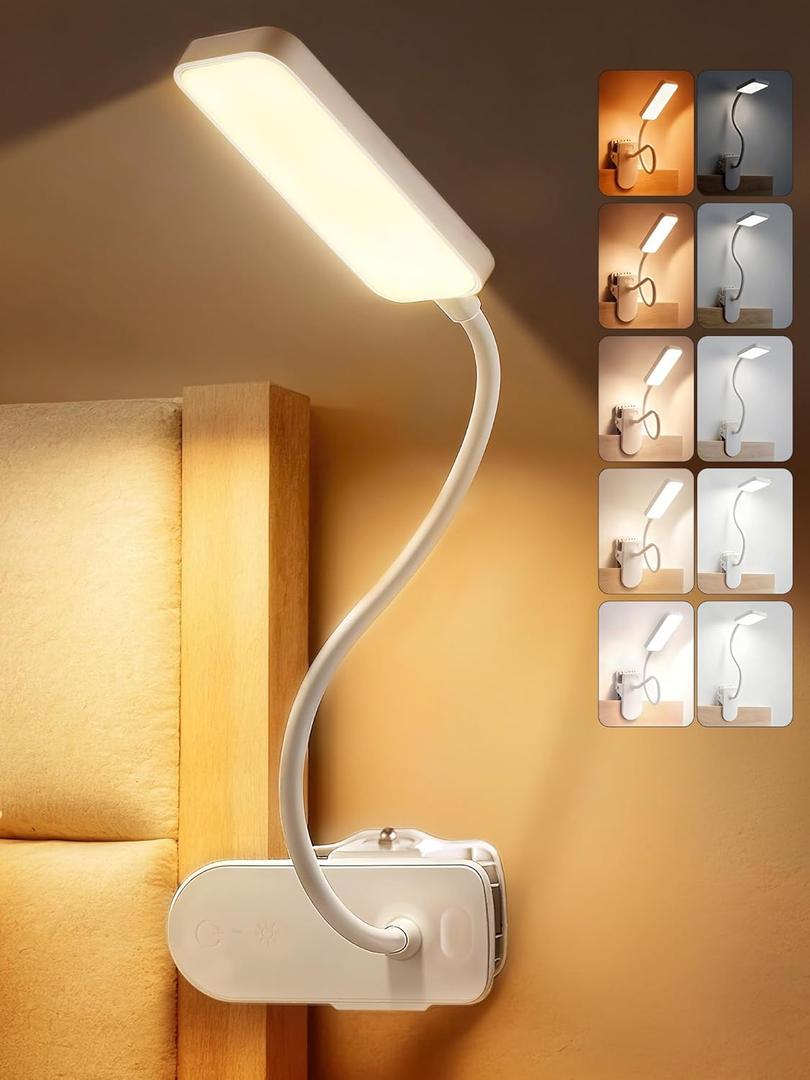 Clip on Lamp,9 Brightness+5 Color Clamp Light,4000mAh Battery Rechargeable Desk Lamp with Clamp,450 Lumen 48 LED Desk Light,Cordless Clip on Reading Lights for Bed/Headboard/Bedside Table (White)
