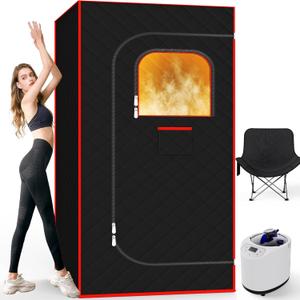 AgiiMan Portable Sauna Box - Portable Steam Sauna for Home 3L Steamer, Big Folding Chair, Remote Control, Sauna Tent 15 Levels, 2.6'x 2.6' x 5.9' (Red)