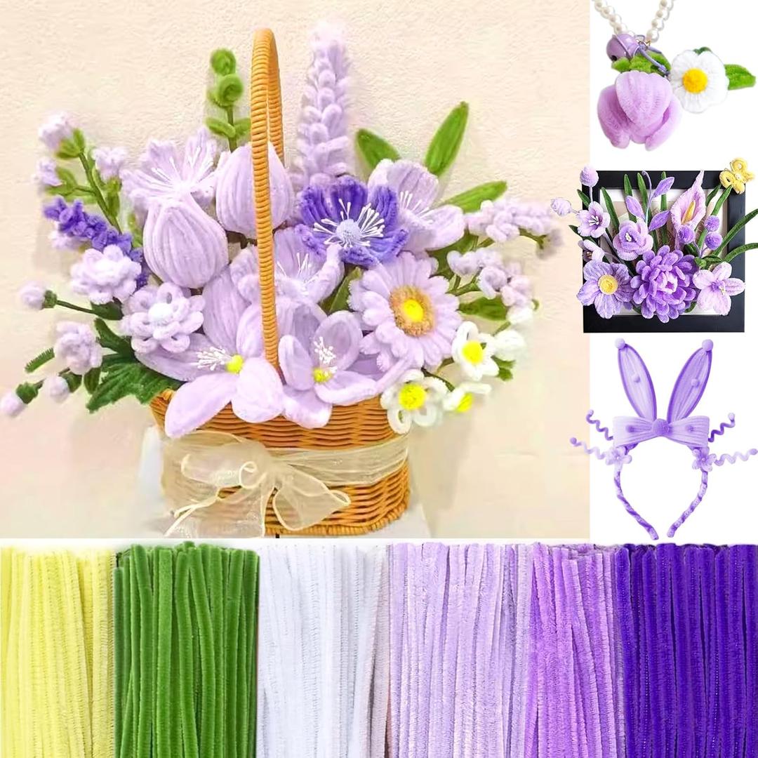 600 Pcs Pipe Cleaners Craft for Flowers, Pastel Chenille Stems for DIY Art Projects Creative Gift(6 Colors), Bulk Fuzzy Pipe Cleaner Flower Kit, Ideals for Party Decor (Purple Flower)