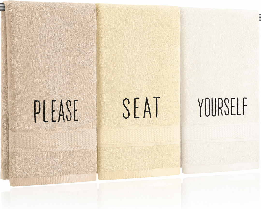 FuWeave 3 Pcs Farmhouse Decorative Hand Towels for Bathroom and Kitchen Rustic Embroidered Cotton Hand Towels Decorative Set for Boho Bathroom Decor(Beige,Please Seat Yourself)