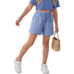 Oakgarden Girls Plaid Shorts Gingham Boxer Casual Elastic Waist Wide Leg Short Pant Loose Fit Summer Teens Kids Shorts 7-8